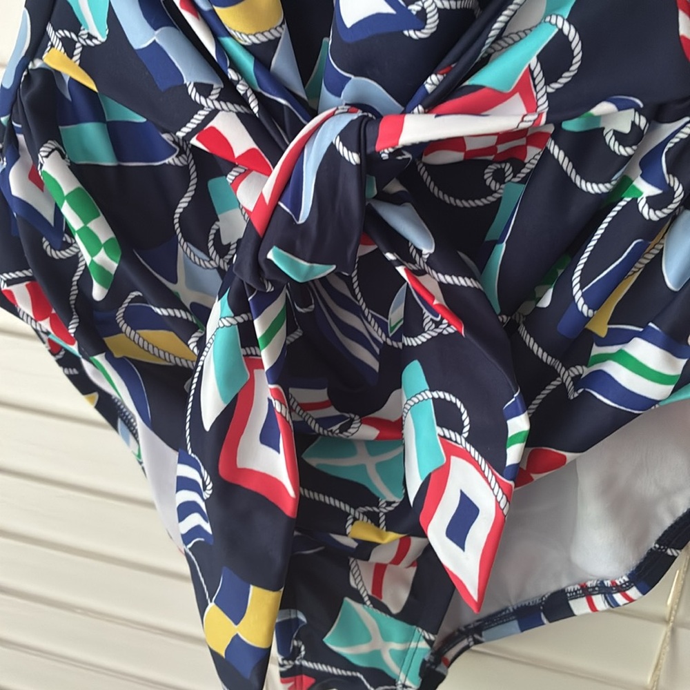 crown & ivy Swimsuit One Piece Nautical Flag Blue Red SZ L Like New! - Picture 2 of 10